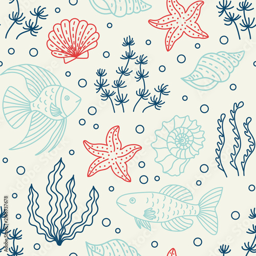 Seamless pattern with fish starfish shells and sea plants