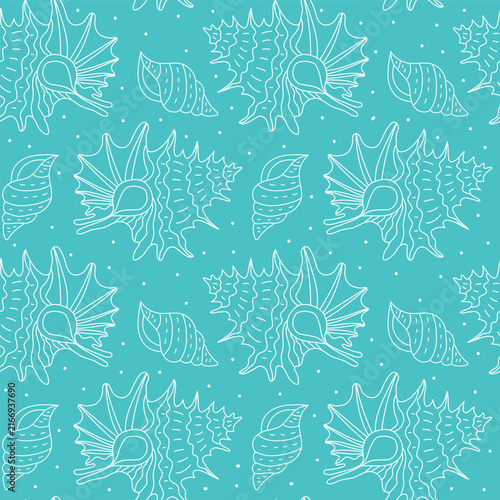 Seamless pattern with white line art sea shells