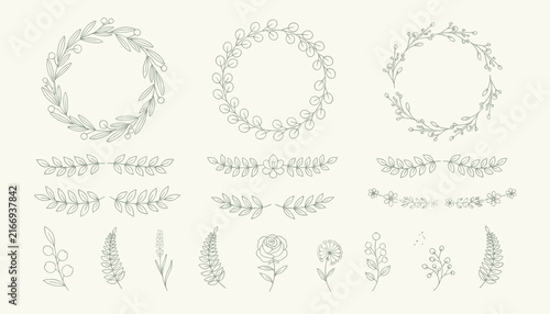 Hand drawn delicate floral elements collection including wreaths, laurels, dividers, and individual branches.