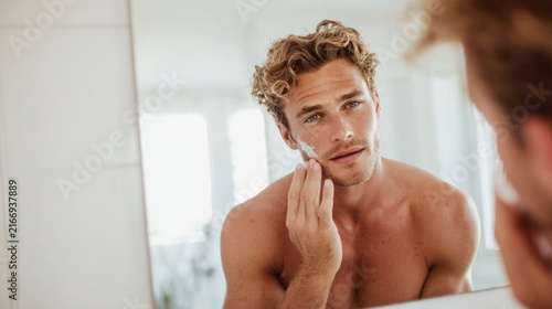 Young man applying shaving cream in bathroom mirror morning grooming routine