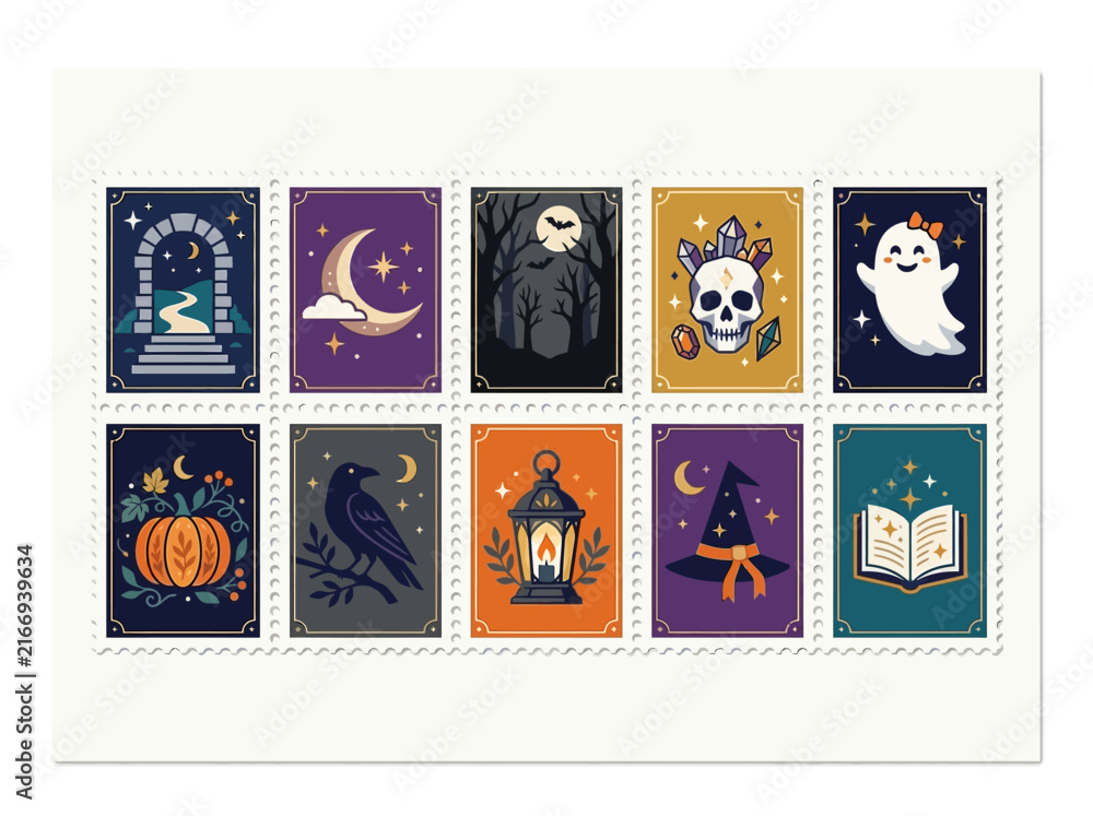 Fototapeta premium Spooky Halloween stamp bundle pack featuring cute holiday icons in flat vector illustration layout, top view.