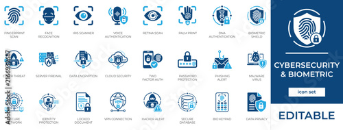 Cybersecurity and biometric icon set including secure fingerprint iris, firewall monitoring database, and private system symbols.

