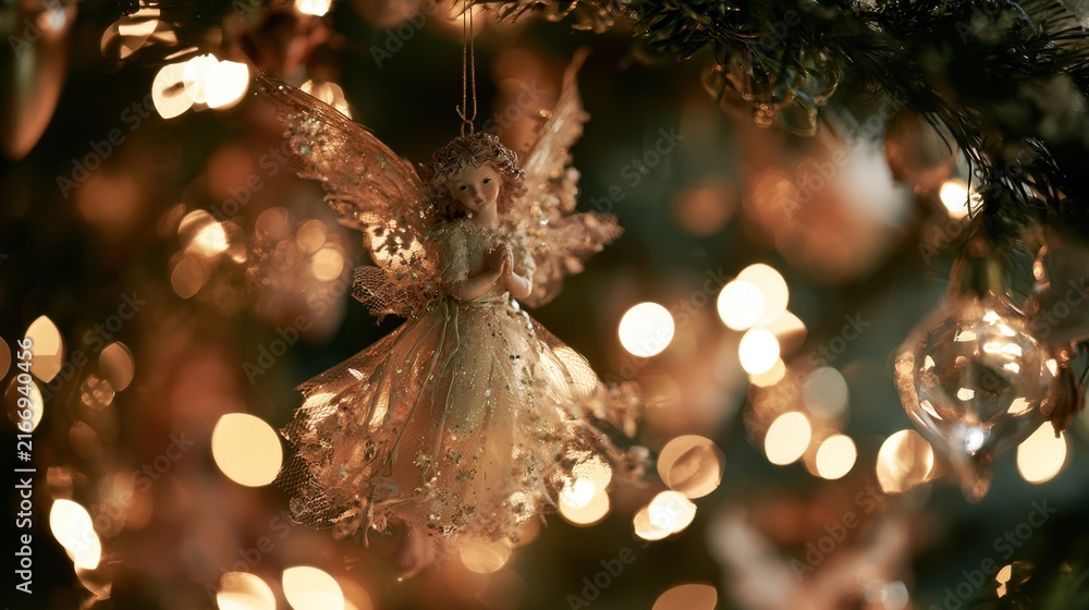 Fototapeta premium Delicate angel ornament hanging on decorated evergreen branch with glowing warm lights creating festive and magical holiday atmosphere in soft focus