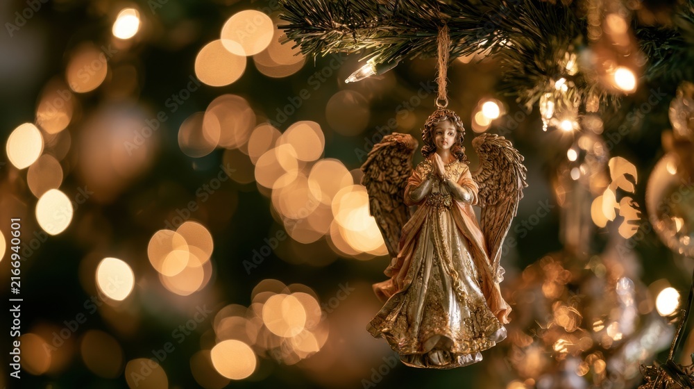 Fototapeta premium Close-up of intricate angel ornament hanging on decorated fir tree branch with warm glowing bokeh lights in festive holiday background