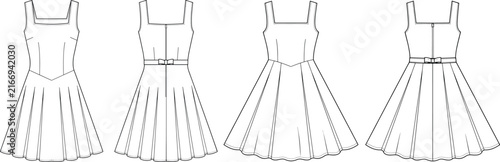 Women sleeveless square neck pointed waist flared pleated skater dress technical fashion flat sketch vector template set showing front and back views