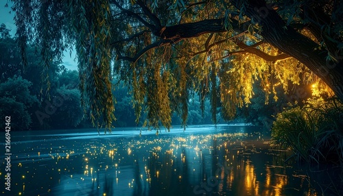 Enchanting night scene with a weeping willow tree's branches draped over a tranquil lake, reflecting magical golden lights. The atmosphere is serene and mysterious