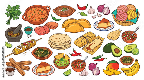 Collection of delicious traditional Hispanic food vector illustrations with various dishes and ingredients