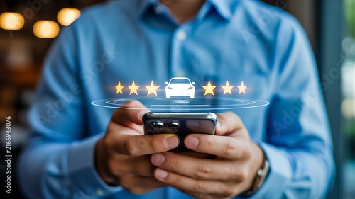 Customer car rating concept with smartphone review and five star service evaluation