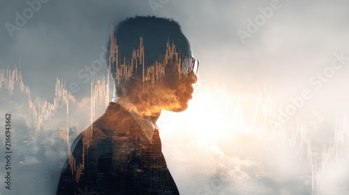 Businessman in a suit with financial data overlay