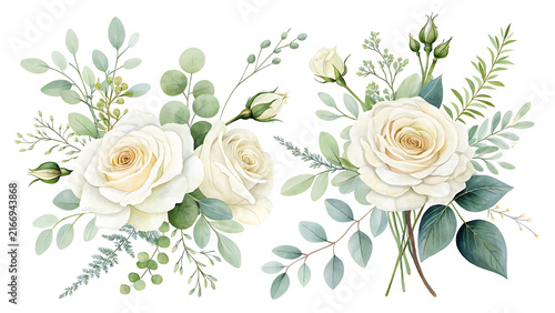 Elegant white rose floral arrangements with eucalyptus leaves and greenery on white background