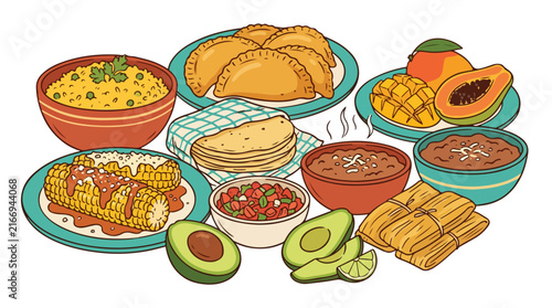 Delicious traditional Hispanic food illustration featuring corn empanadas rice and fresh tropical fruit