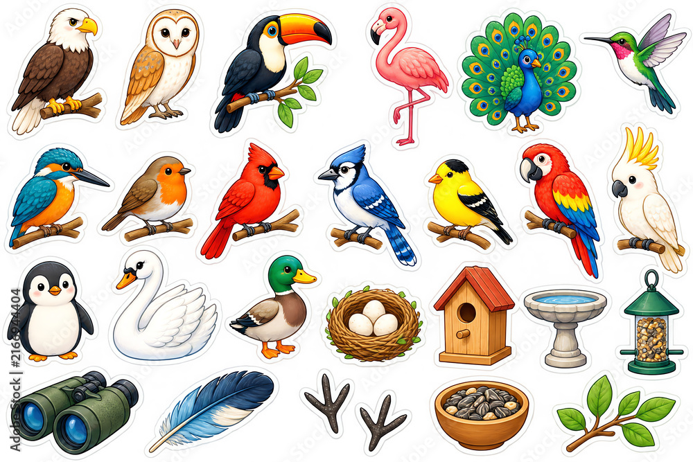 Naklejka premium Collection of colorful bird illustrations with detailed plumage and natural perches
