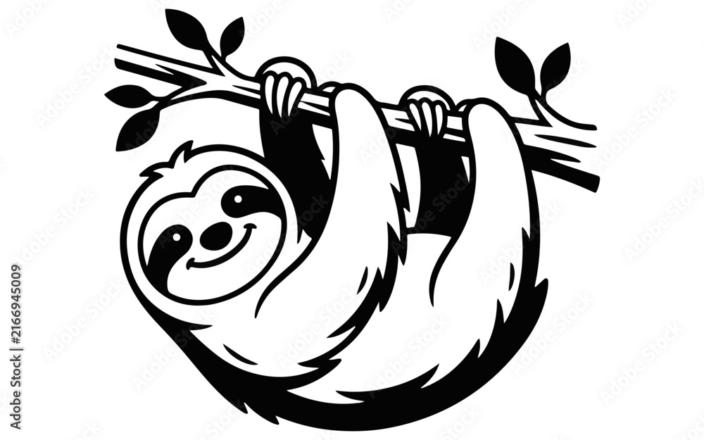 Naklejka premium Sloth silhouette hangs from a branch against a black background