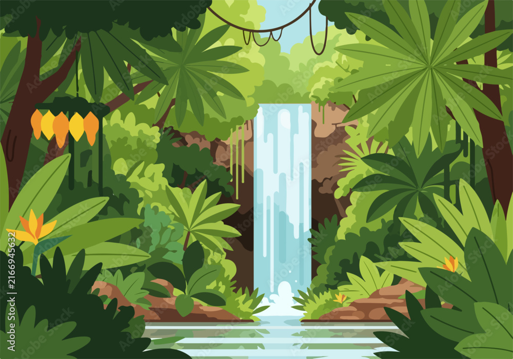 Fototapeta premium Tropical Jungle Waterfall with Lush Greenery