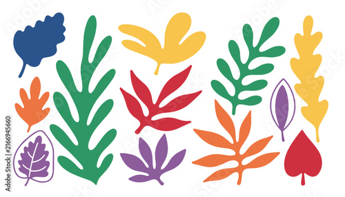 Set of twelve colorful abstract organic leaf shapes in retro flat design style on a clean white background.
