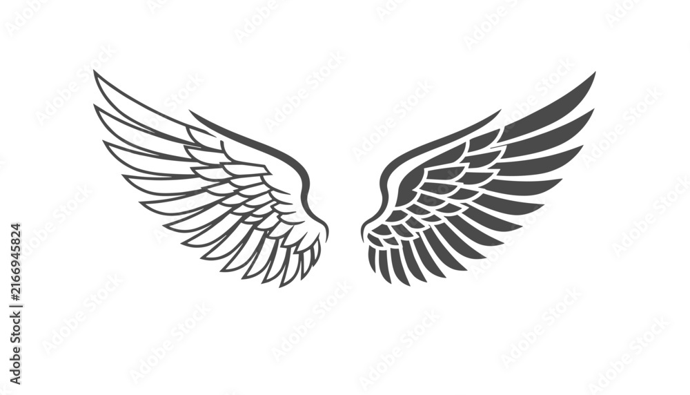 Obraz premium Pair of highly detailed black silhouette wings isolated on a clean white background representing freedom or angel.