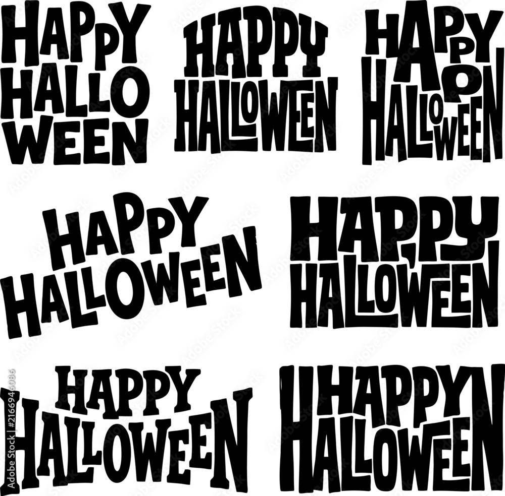 Obraz premium Happy Halloween typography collection with bold lettering and varied styles on a white background for festive celebration