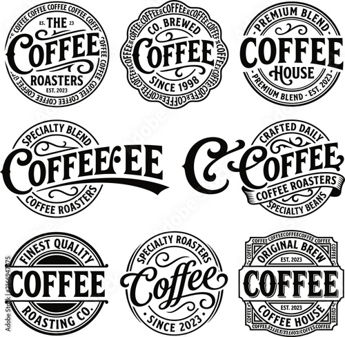 Vintage coffee shop emblems with roasters and brewing text on white background