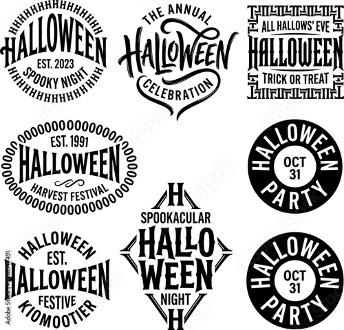 Vintage Halloween emblems with festive lettering and decorative borders for seasonal celebrations