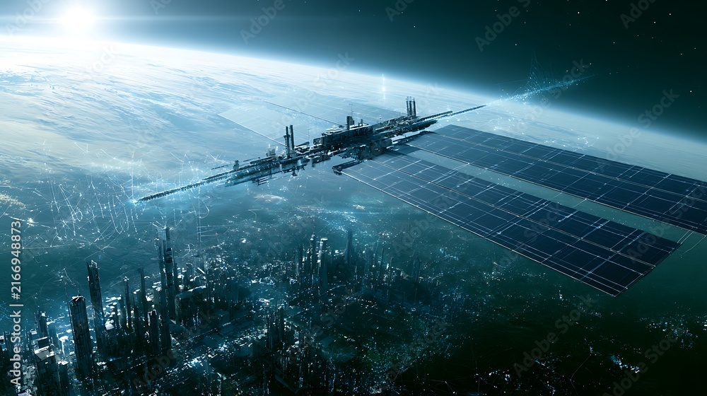 Naklejka premium Orbital solar energy platform powering a sustainable futuristic city on Earth, wireless electricity transmission, smart grid infrastructure