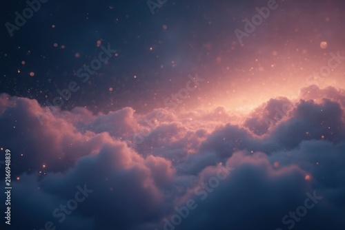 Warm glowing light from sunrise illuminates voluminous clouds in pink, purple, and orange tones, with scattered luminous particles adding depth to the serene sky.