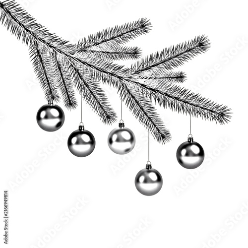 Elegant silver christmas baubles adorning fir tree branch for festive holiday decorations and seasonal greetings