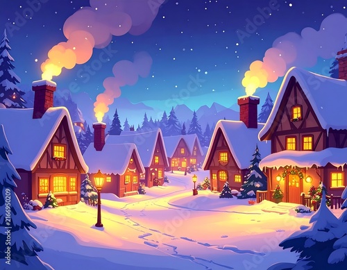 Charming winter town with illuminated houses.