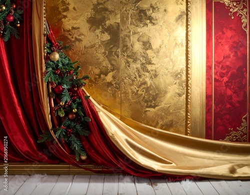 Christmas tree with red velvet and gold curtains.