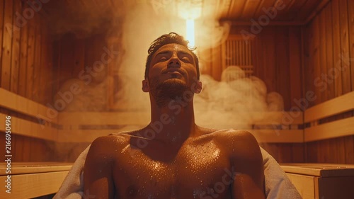 Man relaxes in a steam room with warm lights and wooden walls during a wellness session