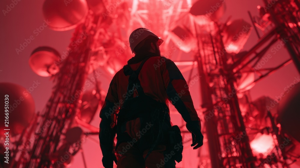 Naklejka premium Worker in protective helmet standing in telecommunications tower site with multiple antenna and satellite dish structures under red lighting with foggy atmosphere at night
