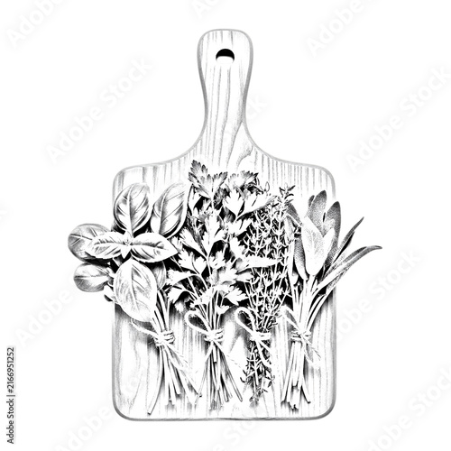 Canvas Print Rustic wooden cutting board filled with fresh herb bunches for culinary artistry