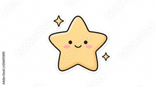 Cute Smiling Yellow Star Sticker Isolated on White Background