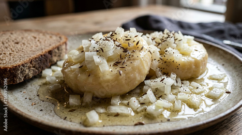 Traditional Potato Dumplings with Sautéed Onions and Caraway Seeds Served with Dark Rye Bread on a Rustic Plate