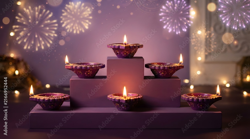 Fototapeta premium Five lit purple diya lamps arranged on a tiered wooden stand, celebrating diwali with fireworks and festive bokeh lighting