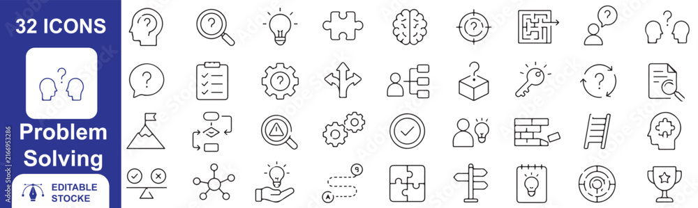 Fototapeta premium 32 Problem Solving Vector Outline Icons Set – Critical Thinking, Solutions, Ideas, Decision Making and Creative Strategy Line Symbols Collection