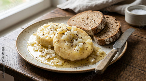 Traditional German hand cheese with music marinade and rye bread on a rustic table