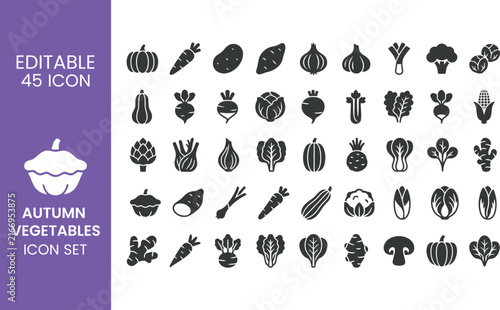 Autumn Vegetables Icon Set Glyph Vector Icons of Fall Harvest Produce Pumpkin Carrot Potato Onion and Garlic
