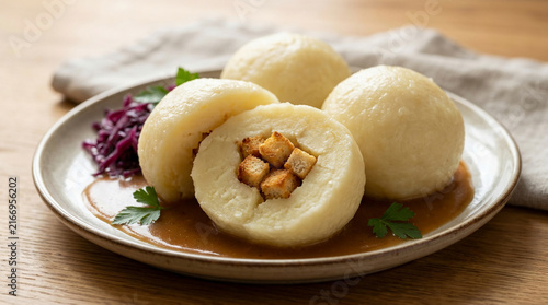 Traditional German potato dumplings stuffed with crispy croutons served with gravy and red cabbage