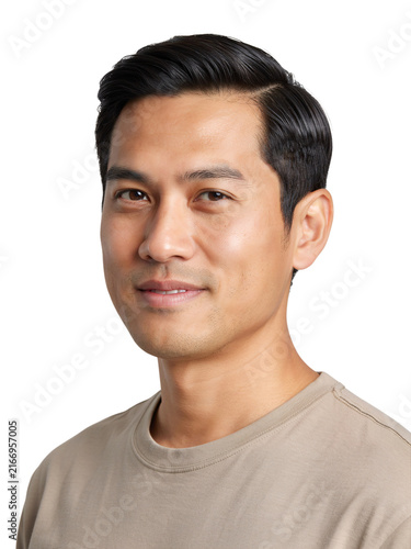 Portrait of a young asian man smiling gently isolated on a transparent background