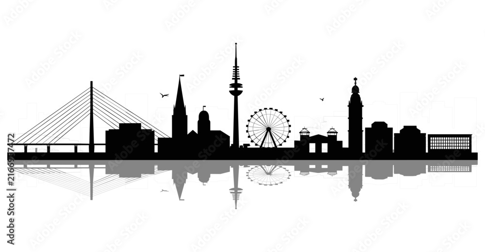 Fototapeta premium Black city skyline silhouette with a bridge, ferris wheel and reflection on a white background area