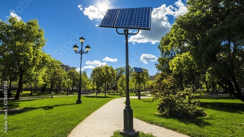 Solar Panels Powering Street Lights in a Green Urban Park on Sunny Day