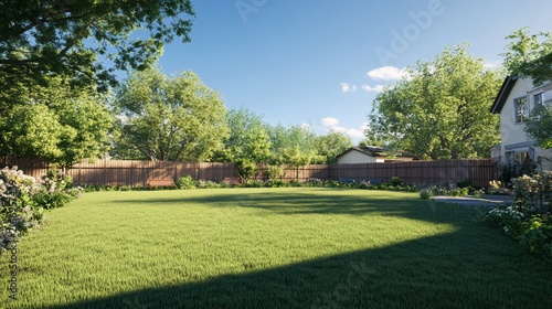 Sunlit backyard oasis, A vibrant green lawn bordered by lush trees and colorful flowerbeds provides a serene and inviting outdoor space