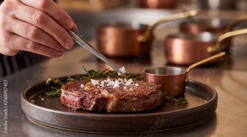 A chef uses metal tweezers to season a cooked ribeye steak with sea salt flakes with precision culinary tweezers carefully places coarse flakes onto seared beef steak using professional seasoning