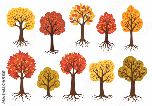Colorful autumn trees with exposed roots illustration