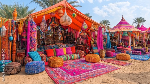 Exotic bohemian tents adorned with vibrant textiles and lanterns create an inviting and colorful retreat in a dreamy outdoor setting