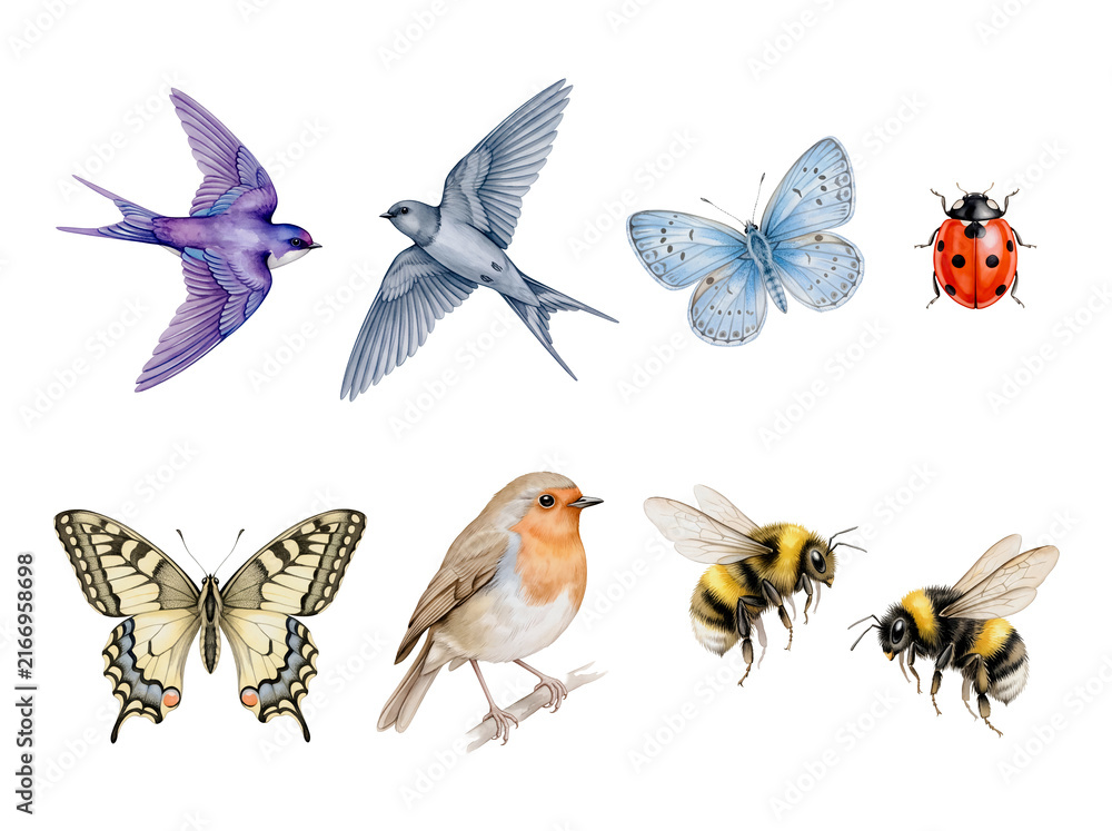 Fototapeta premium Watercolor spring wildlife set with birds butterflies bumblebees and ladybug isolated on white background