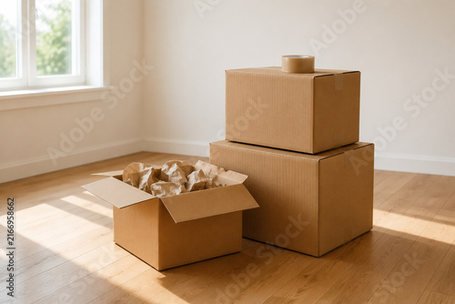 Stacked cardboard moving boxes with packing paper and tape in bright empty room