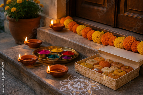 Clay diya lamps, marigold garland, rangoli powders, and Indian sweets for Diwali celebration