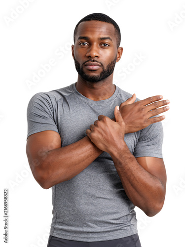 Athletic black man stretching arms isolated on a transparent background