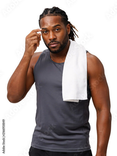 Athletic man with white towel in grey tank isolated on a transparent background